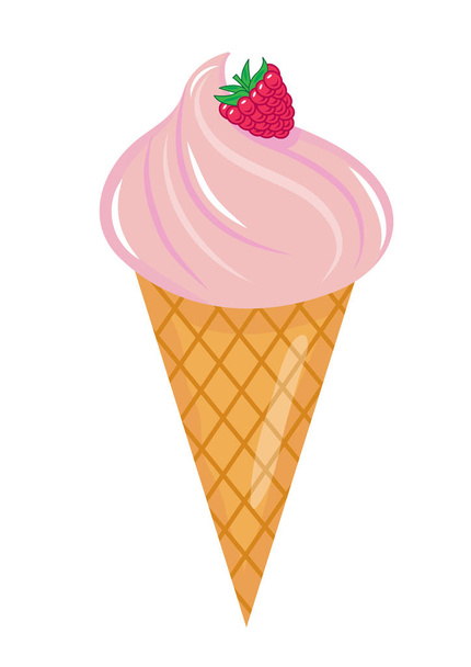 Cône de crème glacée avec icône de framboises style dessin animé plat. Isolé sur fond blanc. Illustration vectorielle, clip art
 - Vecteur, image