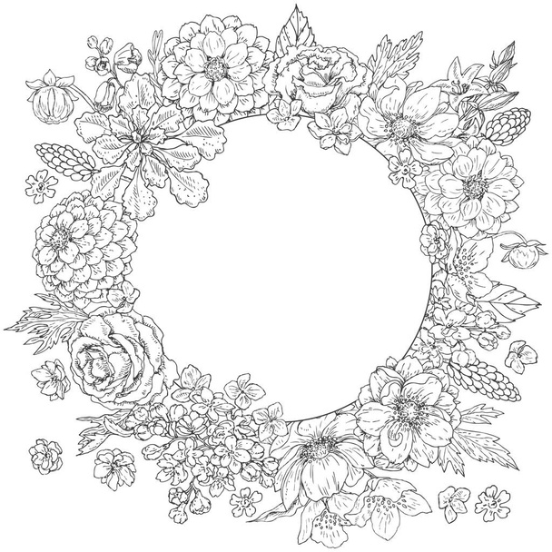 Doodle Floral Round Frame - ベクター画像
