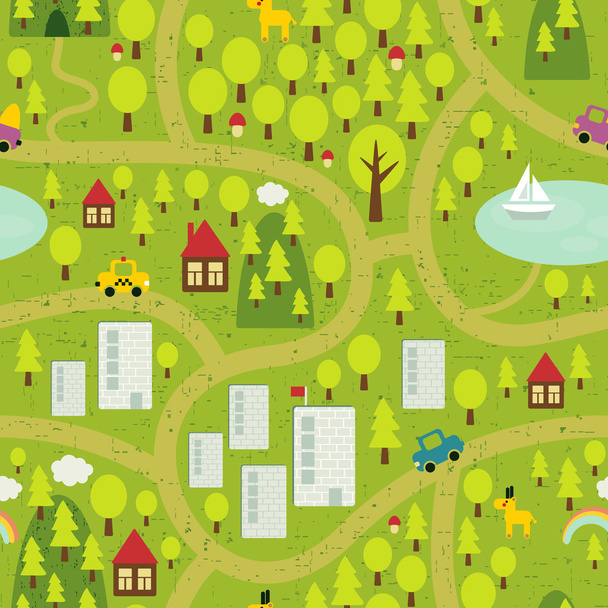 Cartoon map seamless pattern of small town and countryside. - Vettoriali, immagini