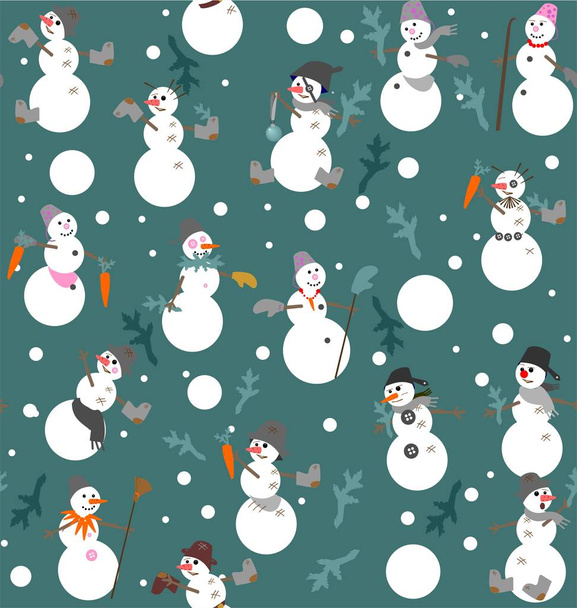 Funny snowmen s with buckets, boots, gloves, carrots and fir branches - Vector, Image