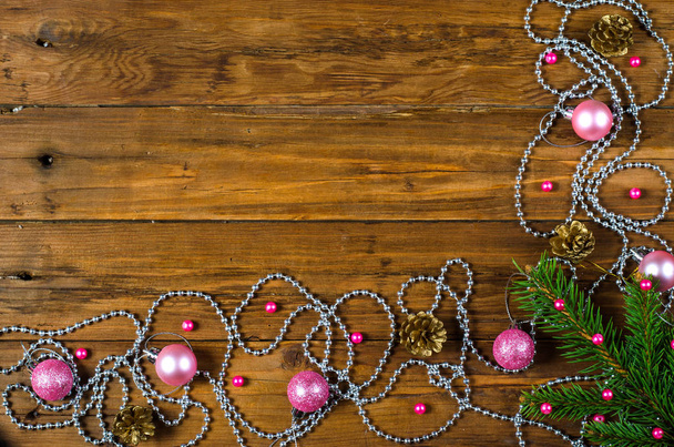 Christmas decor on a wooden background, space for your text. - Fotoğraf, Görsel
