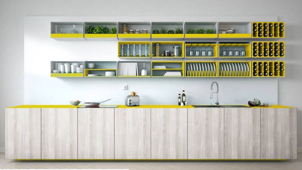 Scandinavian white kitchen with wooden and yellow details, minim - Photo, Image