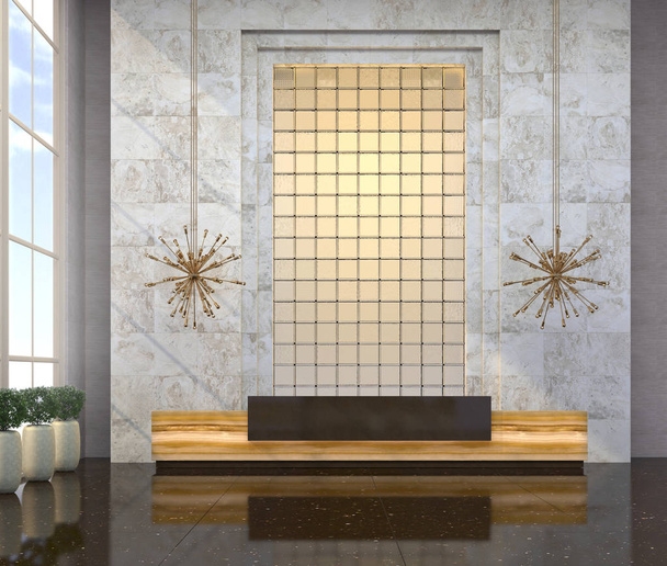 Interior con un mostrador de recepción en el estilo de clásico moderno. Visualización 3d
 - Foto, Imagen