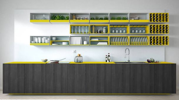 skandinavische weiße Küche mit hölzernen und gelben Details, - Foto, Bild