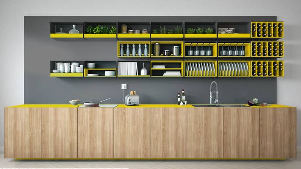 Cozinha cinza escandinava com detalhes de madeira e amarelo, minima
 - Foto, Imagem