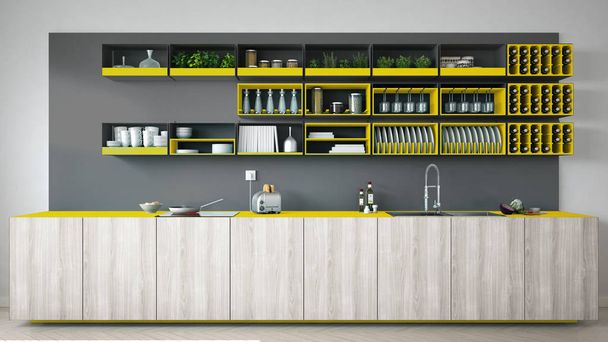 Скандальная кухня с деревянными и желтыми деталями, минимум
 - Фото, изображение