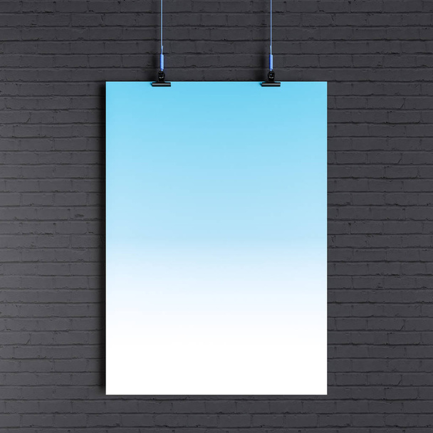 Paper blank poster template hanging over wall. 3D illustration - Foto, imagen