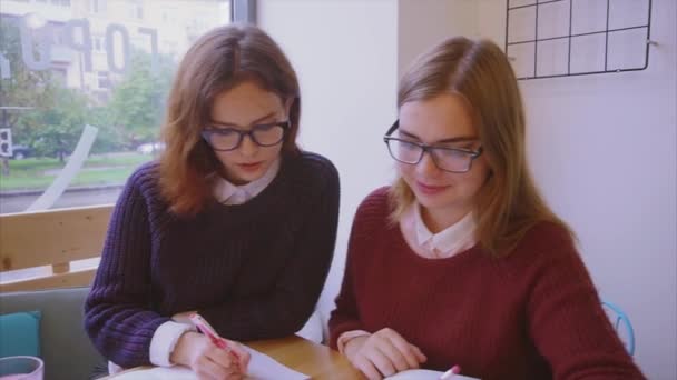 Estudiantes universitarias estudian en la cafetería dos amigas aprendiendo juntas
 - Metraje, vídeo