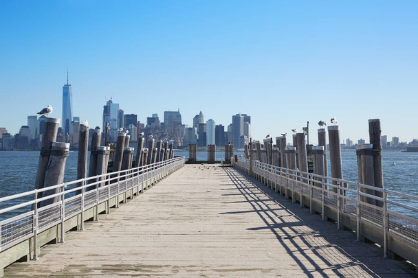 New York city skyline view and empty pier with seagulls, sunny day - Фото, изображение