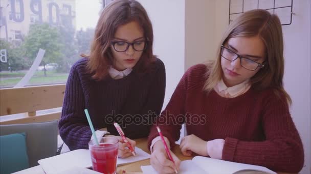 Vrouwelijke studenten studeren in het café twee meisjes vrienden leren samen - Video