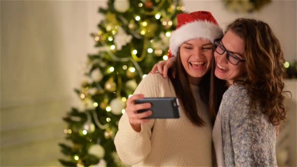 Dos mujeres se toman un selfie divirtiéndose en casa. Hermanas morenas usando Smartphone y fotografiándose a sí mismas en el fondo del árbol de Navidad. Una chica con gafas, otra - Santa Hat
. - Metraje, vídeo