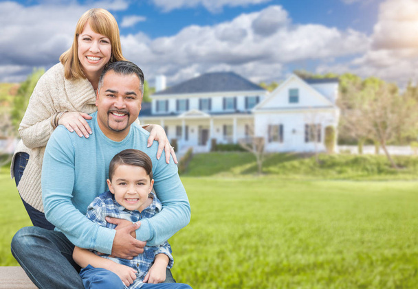 Mixed Race Family Portrait In Front of House - Photo, Image