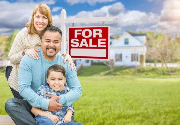 Mixed Race Family Portrait In Front of House and For Sale Real Estate Sign - Photo, Image