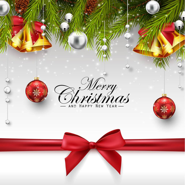 Vánoční dekorace větvičky jedle, červené a bílé kuličky, zlaté zvonky a červenou mašli - Vektor, obrázek