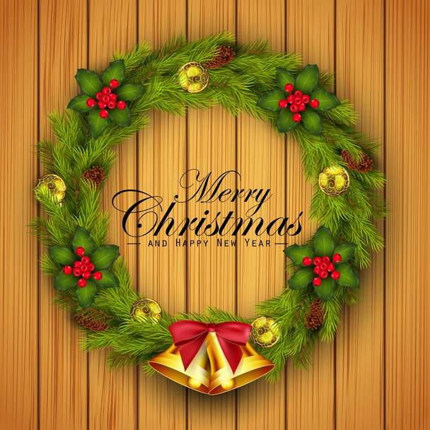 Рождественский венок с золотыми шариками украшения, цветок и золотые колокола на фоне дерева текстуры
 - Вектор,изображение