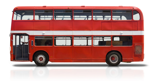 Autocarro vermelho de dois andares em branco
 - Foto, Imagem
