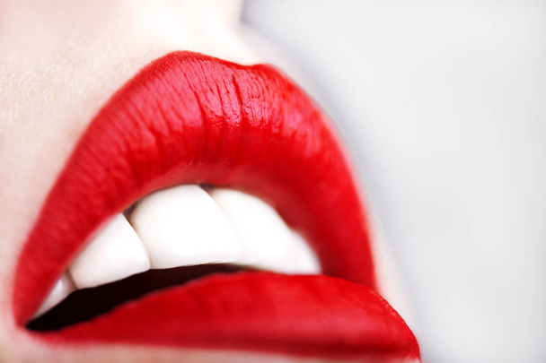 Close-up of sexy woman lips with red lipstick - Photo, Image