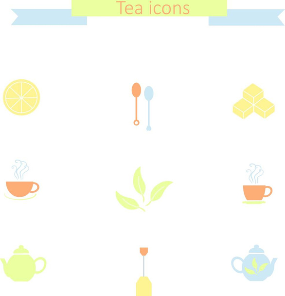 Set di icone di tè colorato piatto su bianco: cucchiaini da tè, fetta di limone, cubetti di zucchero, tazze di vapore, teiere, bustina di tè, foglie di tè, illustrazione vettoriale stock
 - Vettoriali, immagini