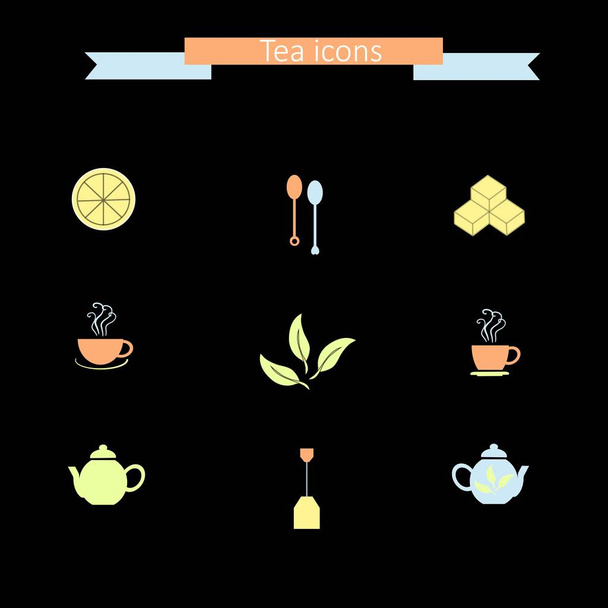 Set di moderne icone piatte colorate sul nero: cucchiaini da tè, fetta di limone, cubetti di zucchero, tazze di vapore, teiere, bustina di tè, foglie di tè, illustrazione vettoriale stock
 - Vettoriali, immagini