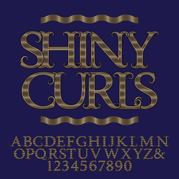 Wavy lines patterned gold capital letters and numbers. Decorative vintage font. Isolated english alphabet with text Shiny Curls. - Vector, Image