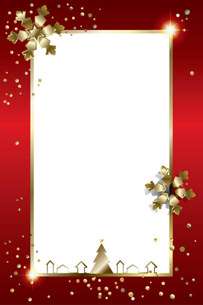 Merry Christmas and Happy New Year greeting card with glitter gold snowflakes, sparkles, falling snow and confetti 2022 Luxury Christmas decoration 3D light effect Winter Holiday red frame Vector xmas border blank page copy space for wishes text sign - Вектор,изображение