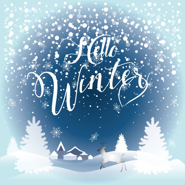 Neşeli Noel ve mutlu yeni yıl tebrik kartı köknar ağacı, Ren geyiği, geyik, şehir, düşen kar taneleri, gerçekçi kar yağışı ve dekoratif öğeler. 2017 Victoria kış tatili. Vektör duvar kağıdı - Vektör, Görsel