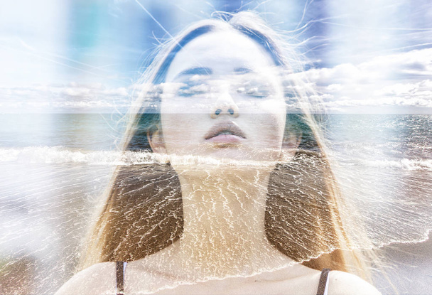 Double exposure of girl with eyes closed and summer seascape - Fotoğraf, Görsel
