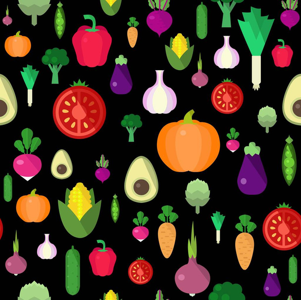 Organic food illustration. Colorful seamless pattern with vegetables and fruits - Vektori, kuva