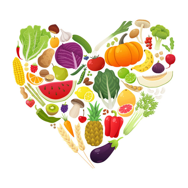 Изолированные фрукты и овощи сердце
 - Вектор,изображение