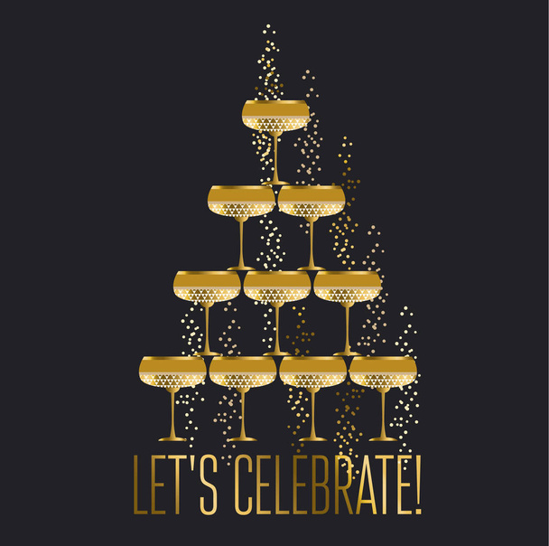 ゴールド スパーク リング シャンパン グラス ピラミッド平面ベクトル イラスト夜背景に。ポスター、招待状、カードのタワー デザインのお祝い結婚式使い捨てからす. - ベクター画像