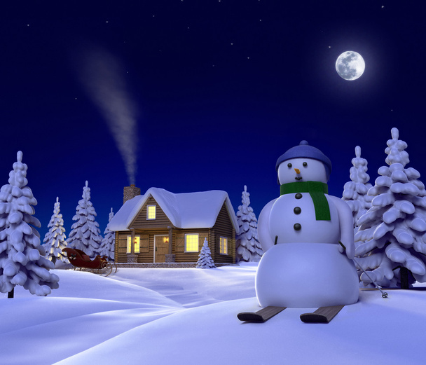 Uma cena de neve temática de Natal mostrando boneco de neve, cabine e trenó de neve à noite
 - Foto, Imagem