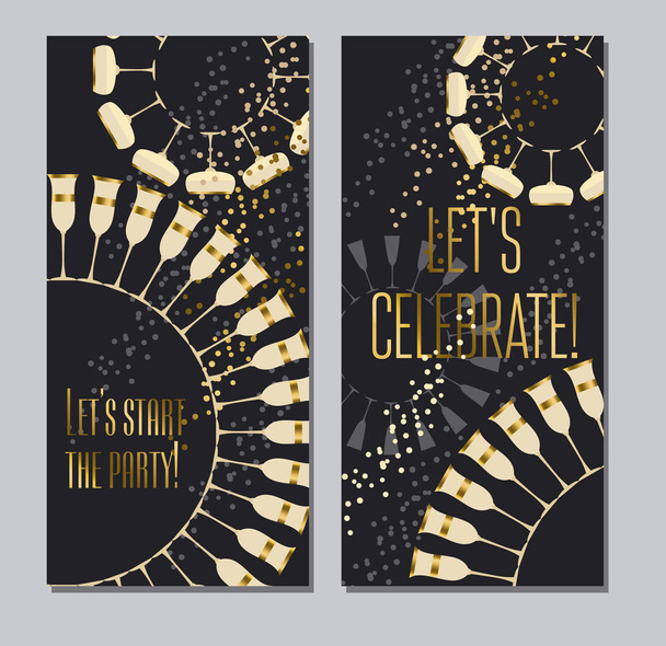 mousserende wijn concept vectorillustratie met gouden metalen elementen voor bruiloft of Nieuwjaar viering kaarten, uitnodigingen, posters.  - Vector, afbeelding