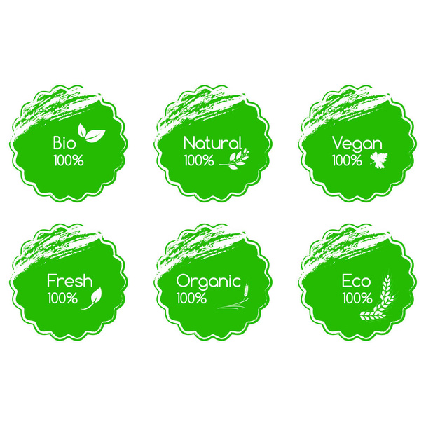 Luonnollinen 100%. Orgaaniset 100%. Tuore, ekologinen, orgaaninen, vegaaninen logo
. - Vektori, kuva
