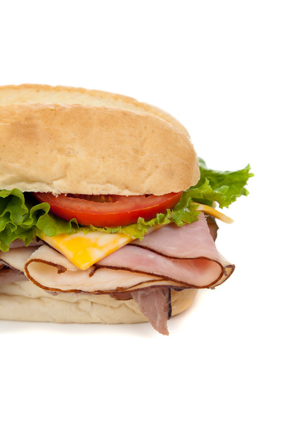 Ham and turkey sandwich on a hoagie bun on white - Fotó, kép