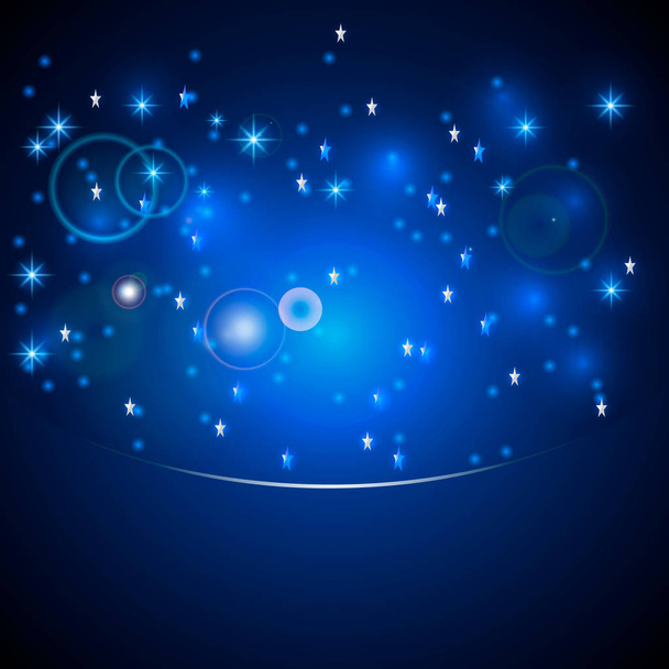 Vector magic bokeh lights with stars, snow, lens flare effect and sparkles on blue background with copy space. - Vector, Imagen