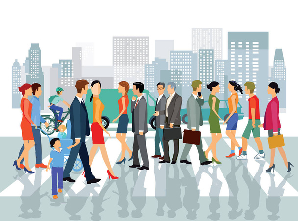Дорожный переход с людьми в городе
 - Вектор,изображение