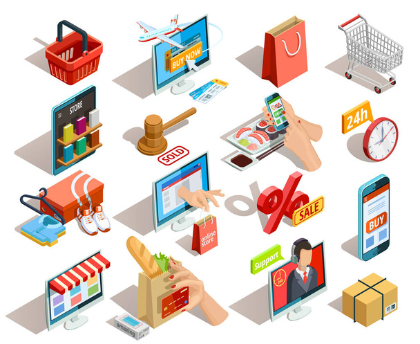 E-ticaret izometrik Icons Set alışveriş - Vektör, Görsel