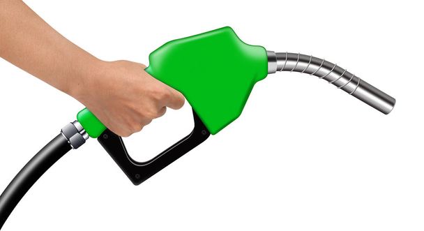 Käsi pidä vihreä polttoaineen suutin valkoisella taustalla
 - Valokuva, kuva