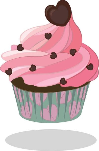 Cupcake pink icing decorated with chocolate heart in turquoise paper case. Vector illustration - Vector, Imagen