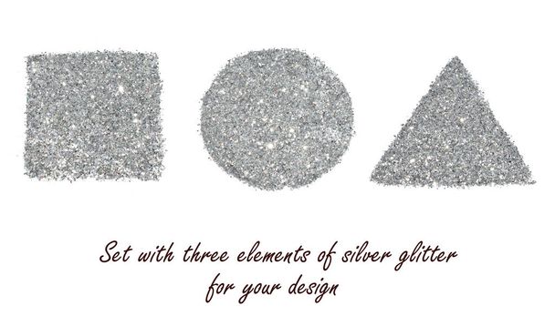 Set with three different elements of silver glitter on white background for your design - Photo, Image