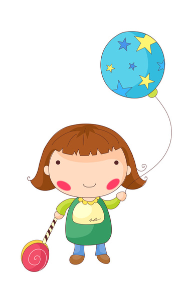 Zabawna dziewczyna trzymając balon i słodycze - Wektor, obraz