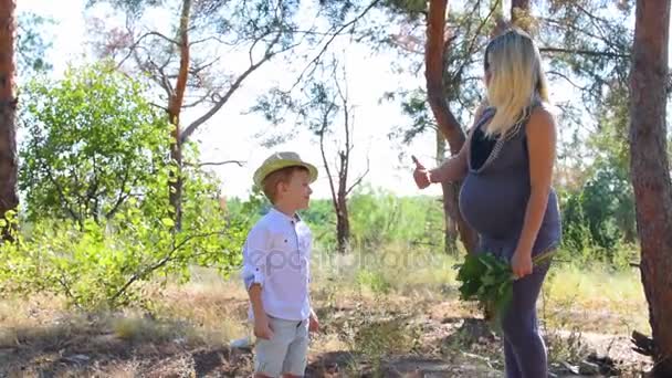 Έγκυος μητέρα και γιος περπατώντας μέσω των ξύλων - Πλάνα, βίντεο
