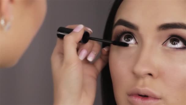 Make up artist paints eyelashes of beautiful brunette young woman close-up - Video, Çekim
