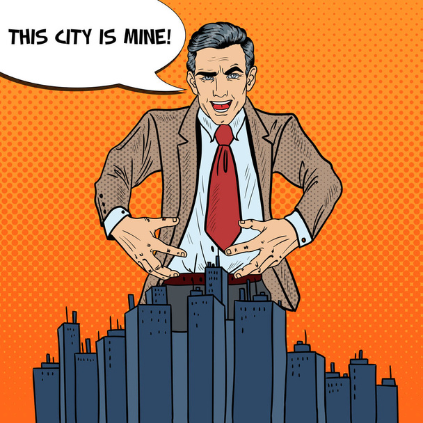 Pop Art Sinister Businessman Wants to Seize the City (en inglés). Ilustración vectorial
 - Vector, imagen