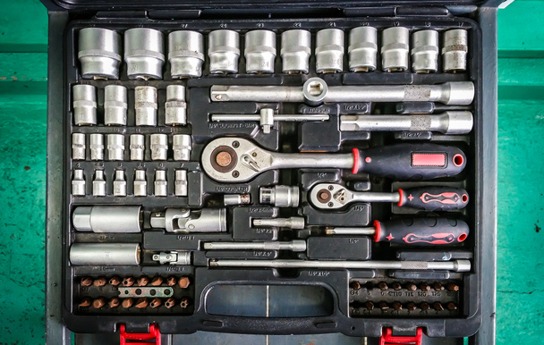 Set Craftsman tool , mechanical  tools. Professional car mechanic using different tools for working in auto repair service. - 写真・画像