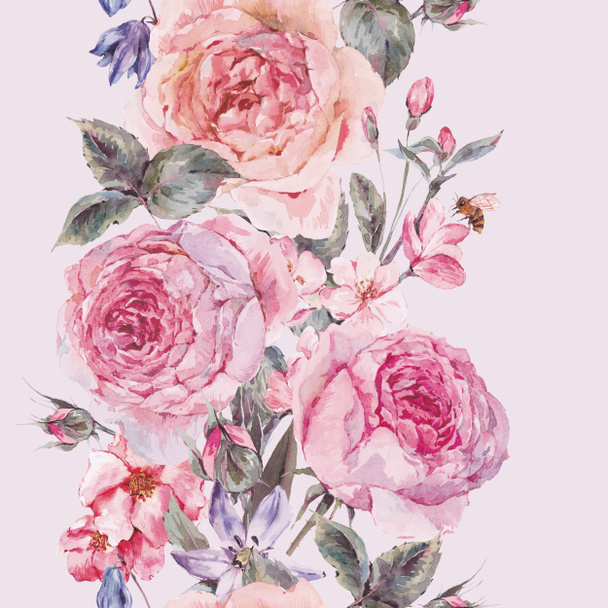 Watercolor spring seamless border with english roses - Foto, Imagem