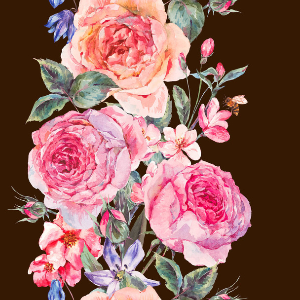 Watercolor spring seamless border with english roses - Foto, Imagen