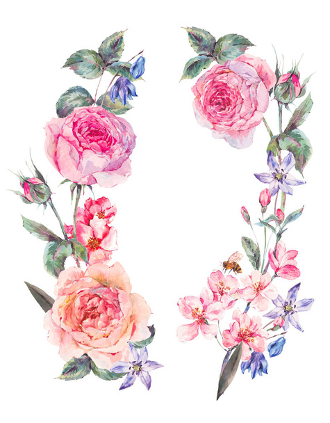 Watercolor spring round wreath with pink roses - Photo, Image