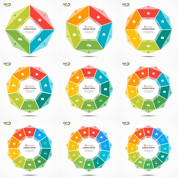 Establecer 4-12 opciones de diagrama circular plantillas de infografía
 - Vector, Imagen