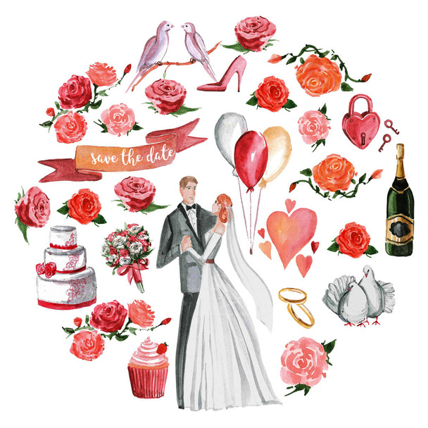 Watercolor wedding pattern Groom, bride, hearts, invitation - Fotoğraf, Görsel